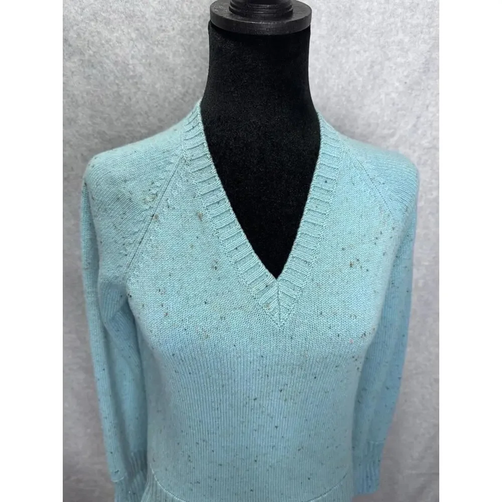 Kinross 100% Cashmere Speckled Teal V-neck woman's Sweater Medium Cottagecore